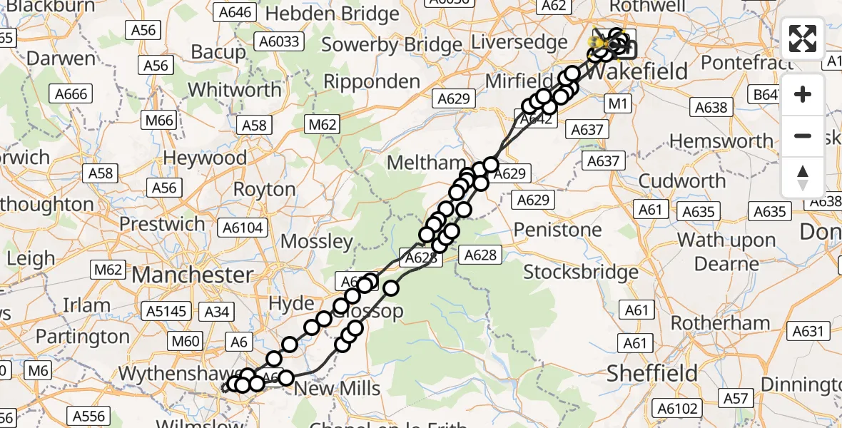 Flight route Police Helicopter Wrenthorpe - East Ardsley, 23 June 2026, 10:30
