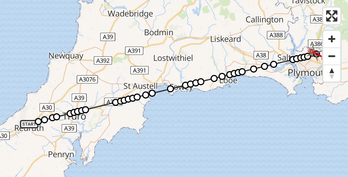 Flight route Air Ambulance Helicopter Redruth - Derriford Hospital, 23 June 2026, 10:35