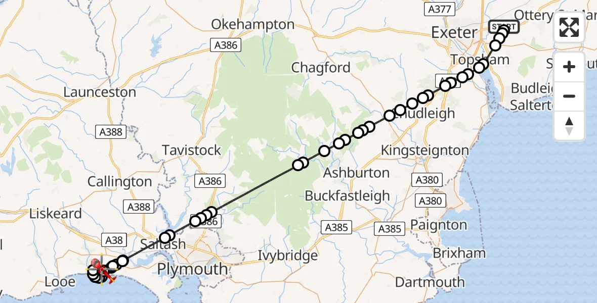 Flight route Air Ambulance Helicopter Exeter International Airport - Downderry, 23 June 2026, 10:35