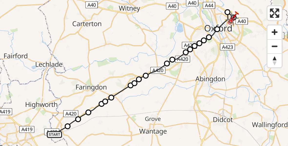 Flight route Air Ambulance Helicopter Swindon - Oxford, 23 June 2026, 10:41