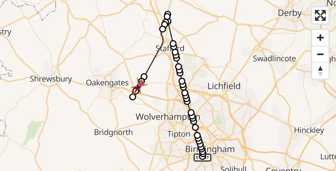 Flight route Air Ambulance Helicopter Queen Elizabeth Hospital Helipad - Weston under Lizard, 23 June 2026, 10:46