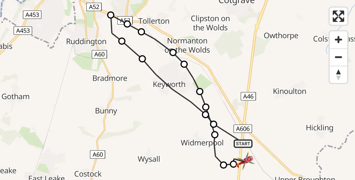 Flight route Air Ambulance Helicopter Rushcliffe - Nottingham Heliport, 23 June 2026, 10:48