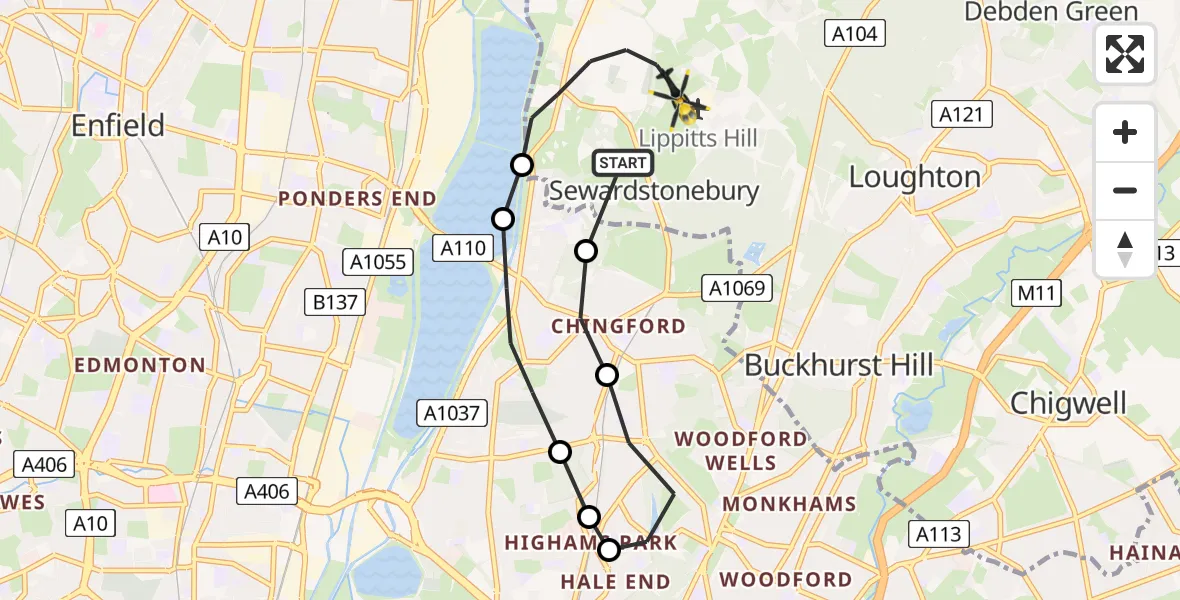 Flight route Police Helicopter Chingford - Sewardstonebury, 23 June 2026, 10:59