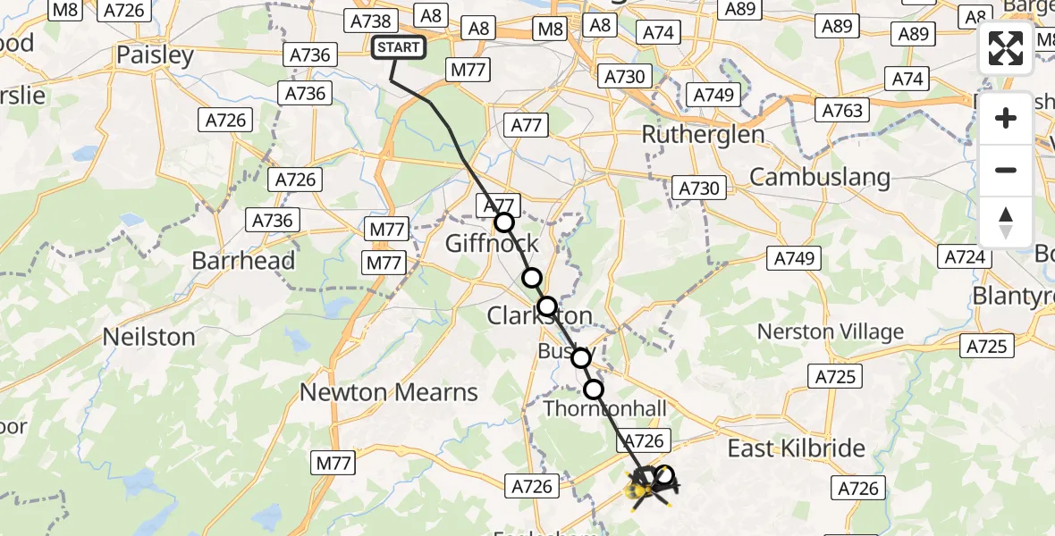 Flight route Police Helicopter Glasgow - Thorntonhall, 23 June 2026, 10:59
