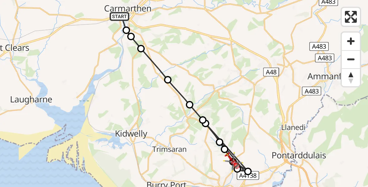 Flight route Air Ambulance Helicopter Carmarthen - Felinfoel, 23 June 2026, 11:06