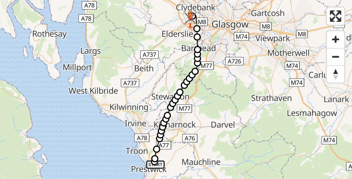 Flight route Coastguard Helicopter Glasgow Prestwick Airport - Glasgow Airport, 23 June 2026, 11:13