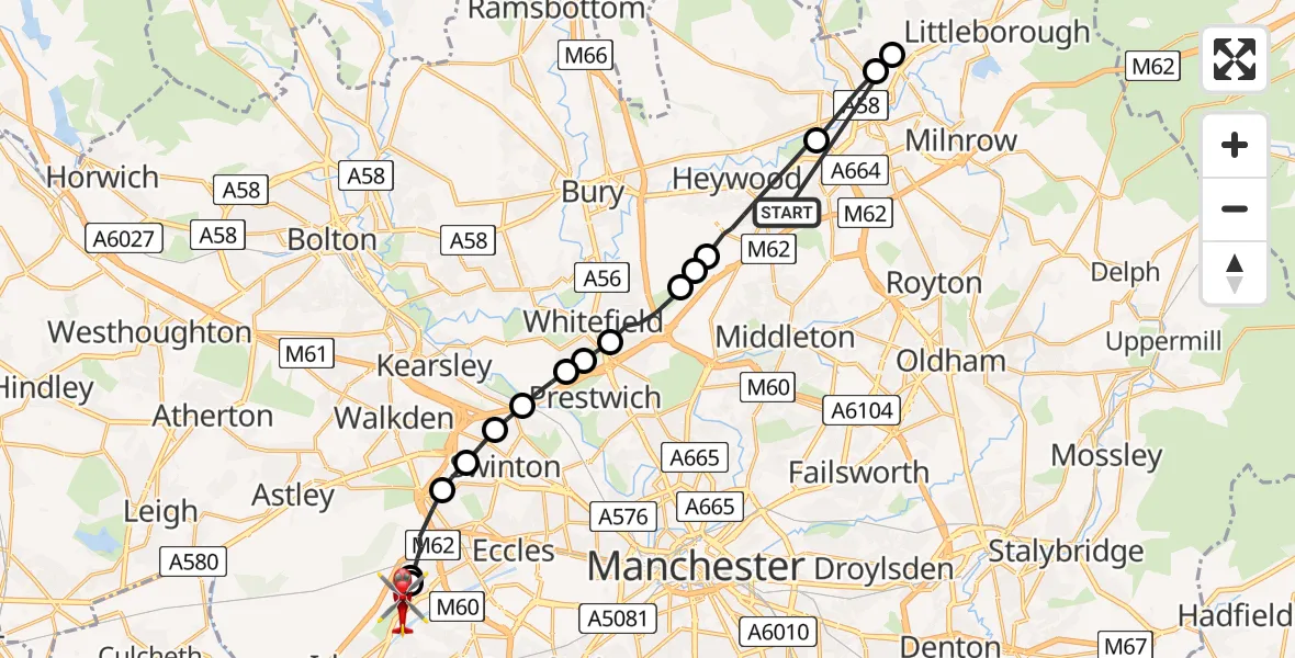Flight route Air Ambulance Helicopter Rochdale - Manchester Barton Aerodrome, 23 June 2026, 11:27