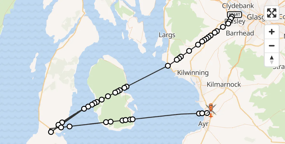Flight route Coastguard Helicopter Glasgow Airport - Glasgow Prestwick Airport, 23 June 2026, 11:33