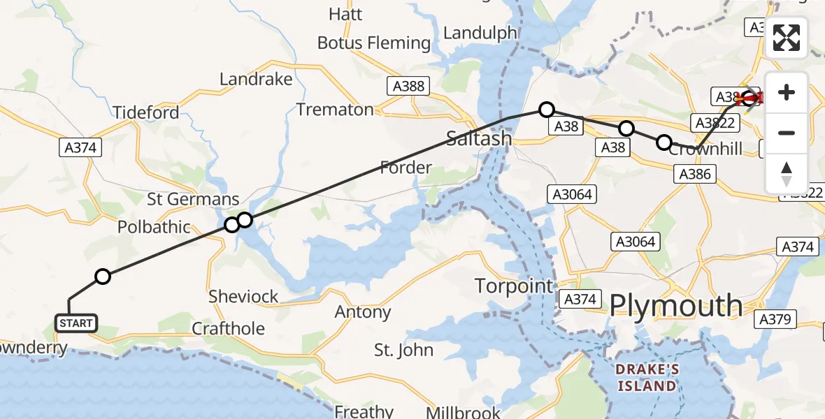 Flight route Air Ambulance Helicopter Downderry - Derriford Hospital, 23 June 2026, 11:37