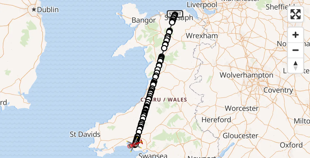 Flight route Air Ambulance Helicopter Kinmel Bay - Llandyfaelog, 23 June 2026, 11:39
