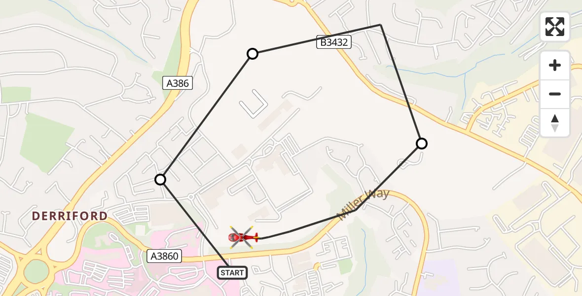 Flight route Air Ambulance Helicopter Derriford Hospital - Crownhill, 23 June 2026, 11:40