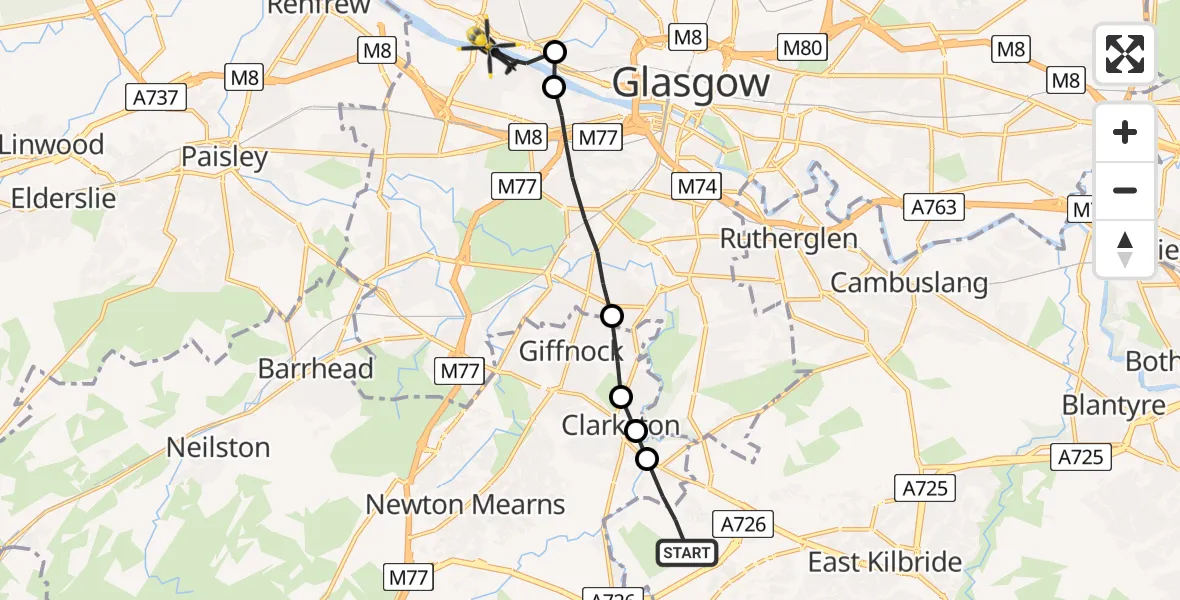 Flight route Police Helicopter Thorntonhall - Glasgow, 23 June 2026, 11:41