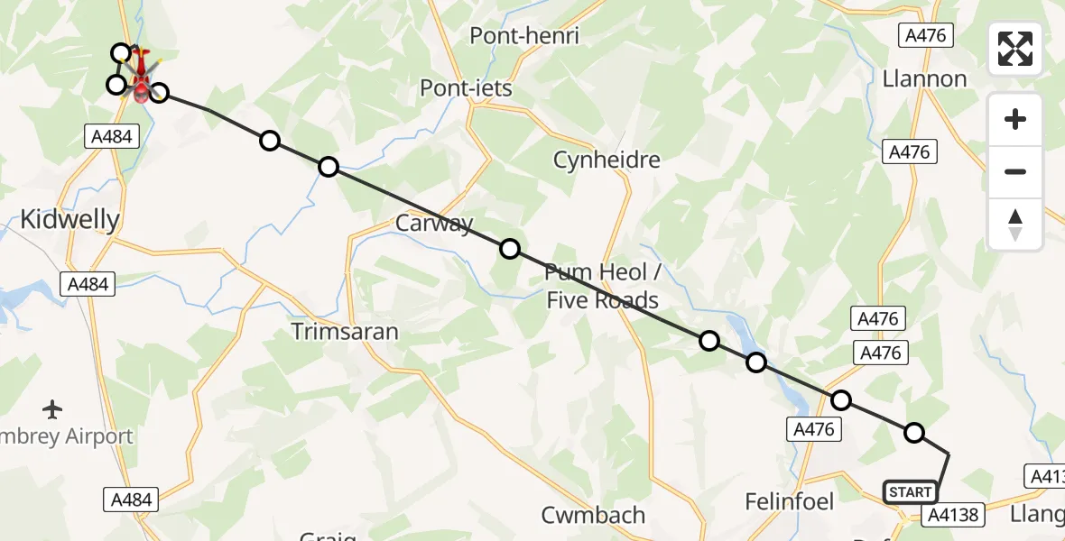 Flight route Air Ambulance Helicopter Dafen - Kidwelly, 23 June 2026, 11:43