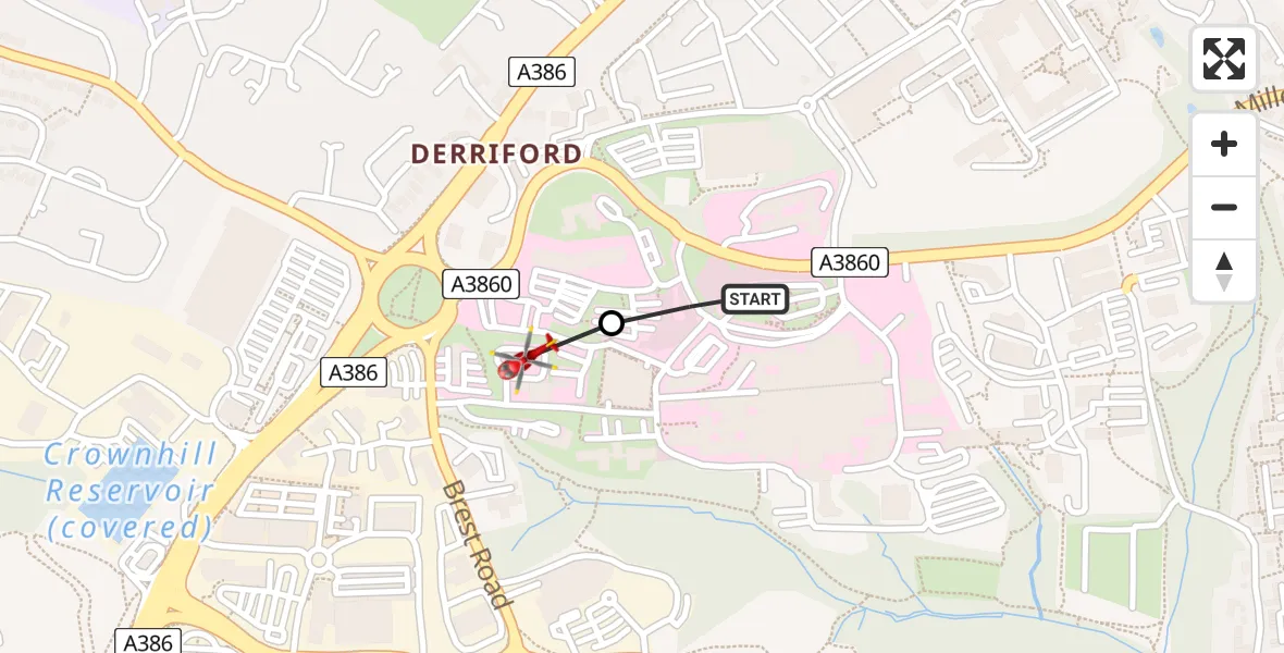 Flight route Air Ambulance Helicopter Derriford Hospital - Crownhill, 23 June 2026, 11:45