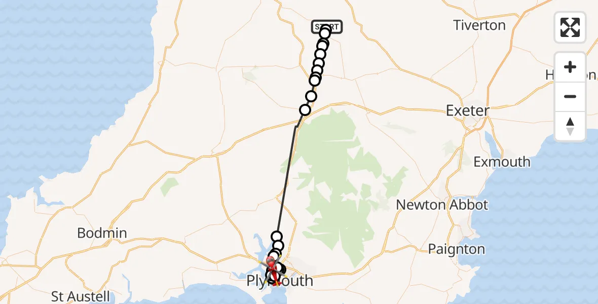 Flight route Air Ambulance Helicopter Riddlecombe - Milehouse, 23 June 2026, 11:53