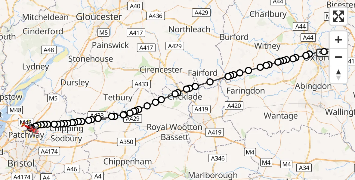 Flight route Air Ambulance Helicopter John Radcliffe Hospital - Almondsbury Helicopter Base, 23 June 2026, 11:54