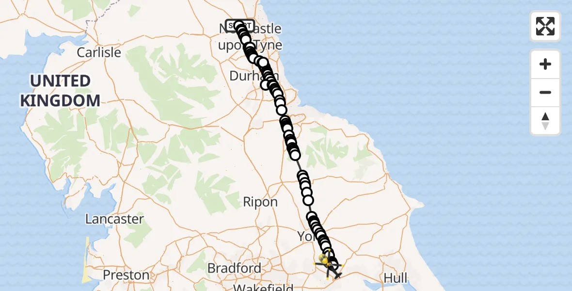 Flight route Police Helicopter Newcastle International Airport - Breighton Airfield, 23 June 2026, 11:57