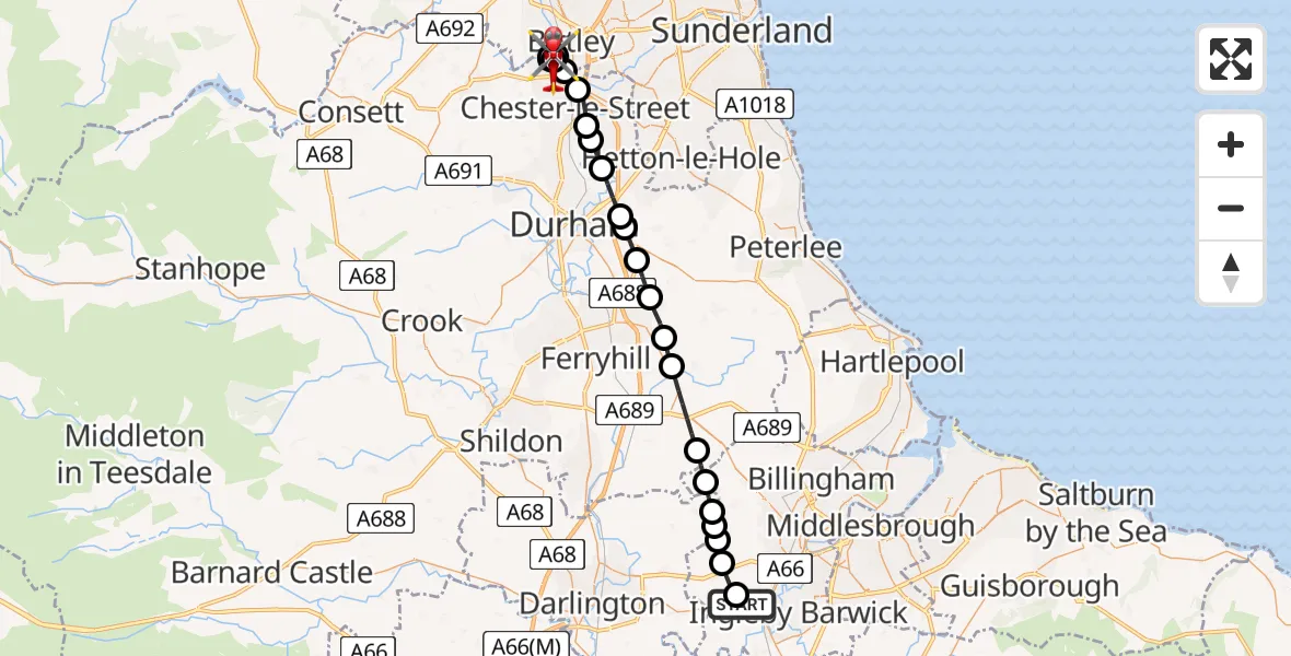 Flight route Air Ambulance Helicopter Egglescliffe - Ouston, 23 June 2026, 12:04
