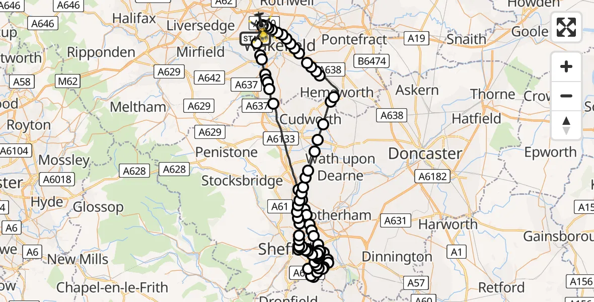 Flight route Police Helicopter Ossett - East Ardsley, 23 June 2026, 12:13