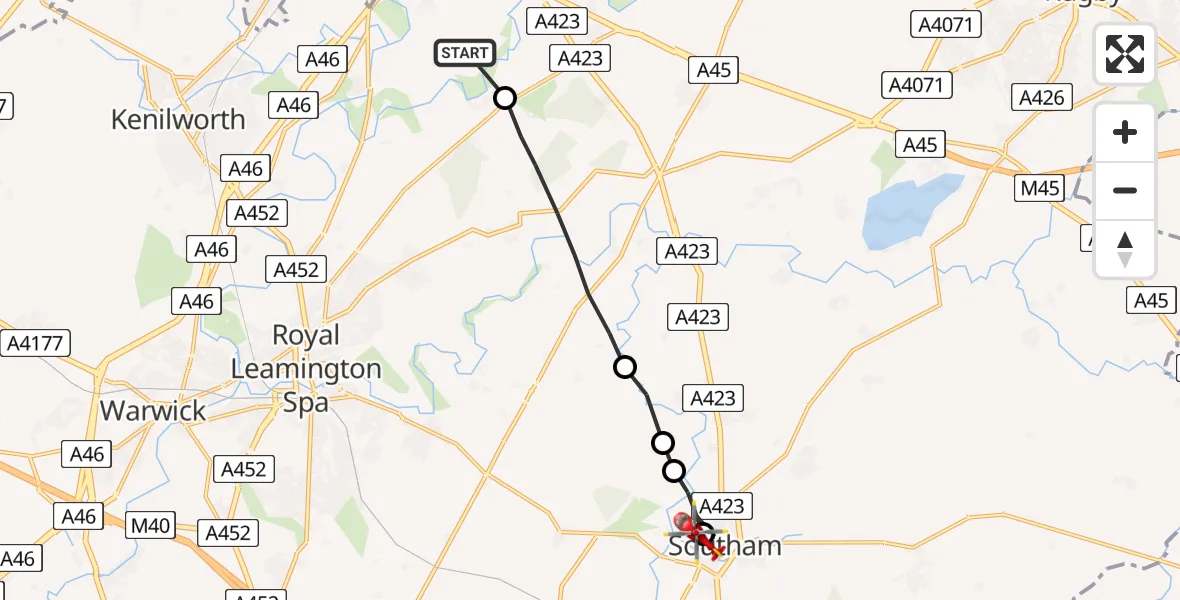 Flight route Air Ambulance Helicopter Warwick - Southam CP, 23 June 2026, 12:14