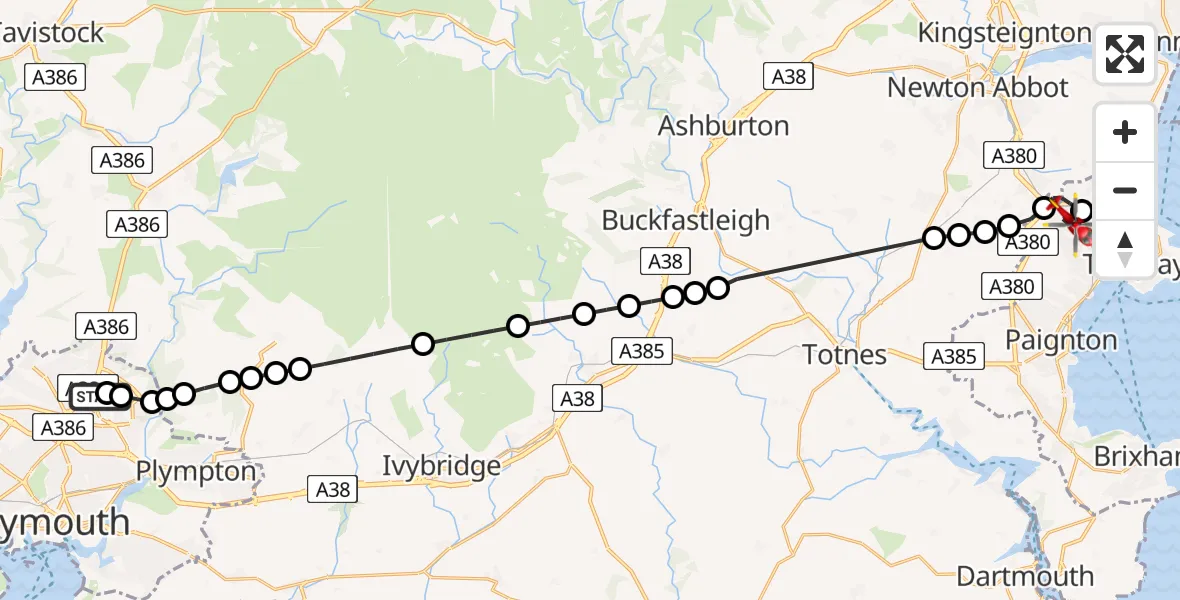 Flight route Air Ambulance Helicopter Derriford Hospital - Torquay, 23 June 2026, 12:20
