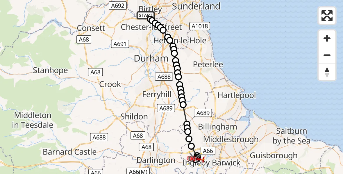 Flight route Air Ambulance Helicopter Ouston - Egglescliffe, 23 June 2026, 12:22