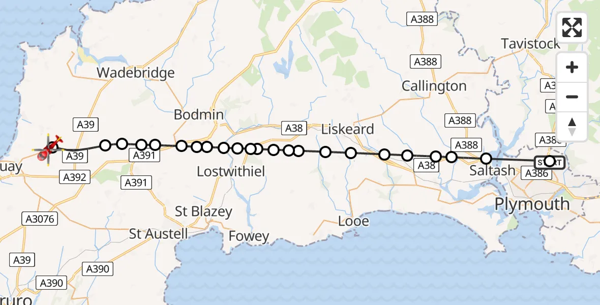Flight route Air Ambulance Helicopter Derriford Hospital - Cornwall Airport Newquay, 23 June 2026, 12:25