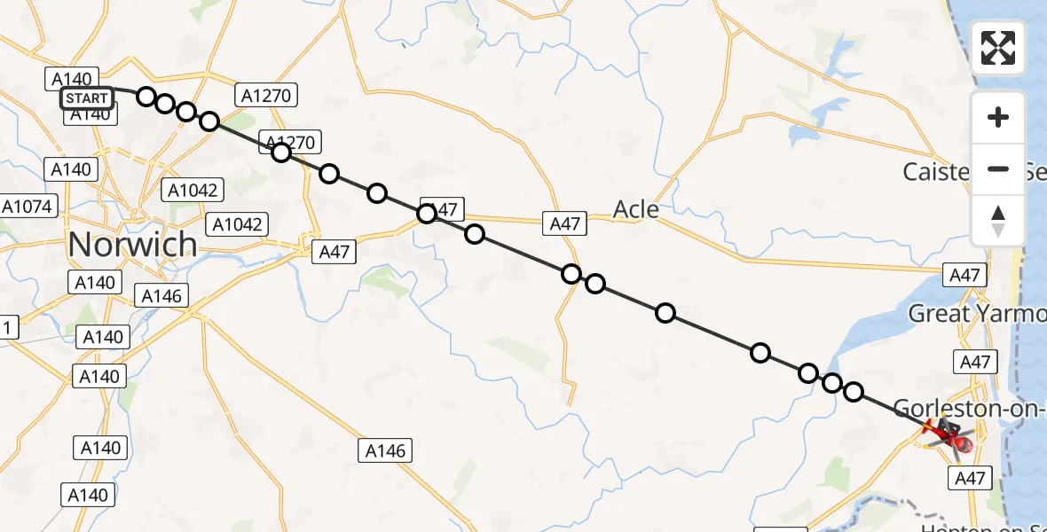 Flight route Air Ambulance Helicopter Norwich Airport - Great Yarmouth, 23 June 2026, 12:38