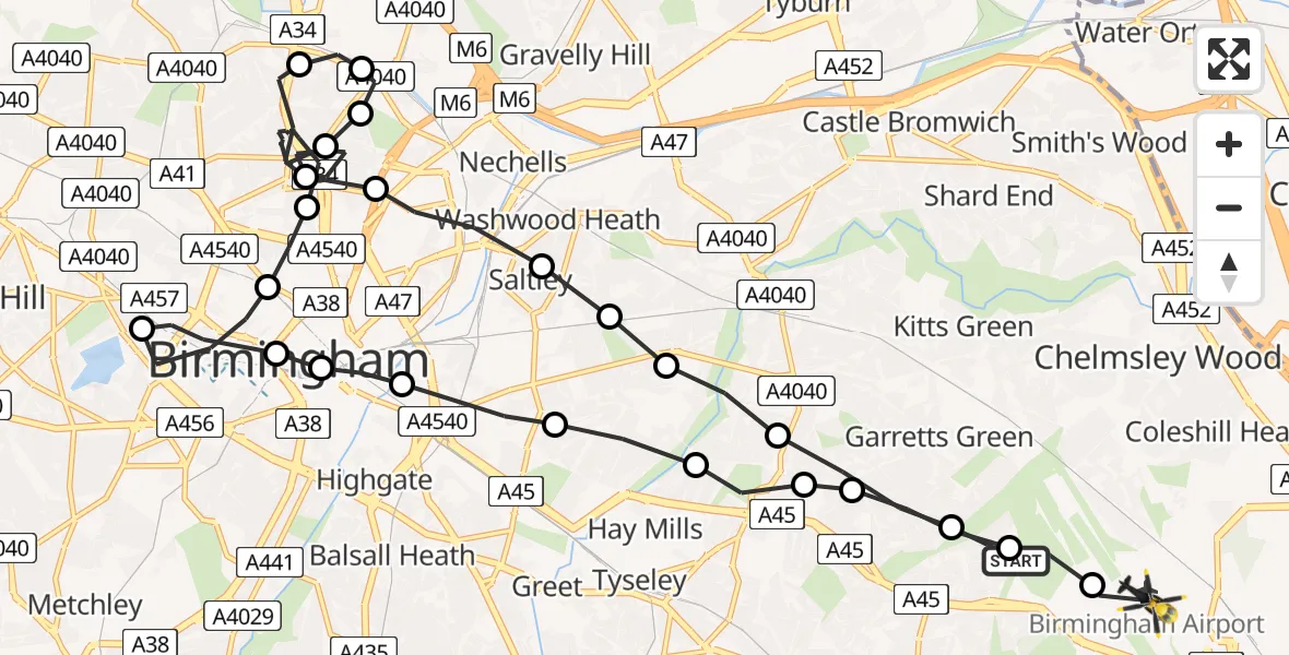 Flight route Police Helicopter Sheldon - Birmingham Airport, 23 June 2026, 12:43