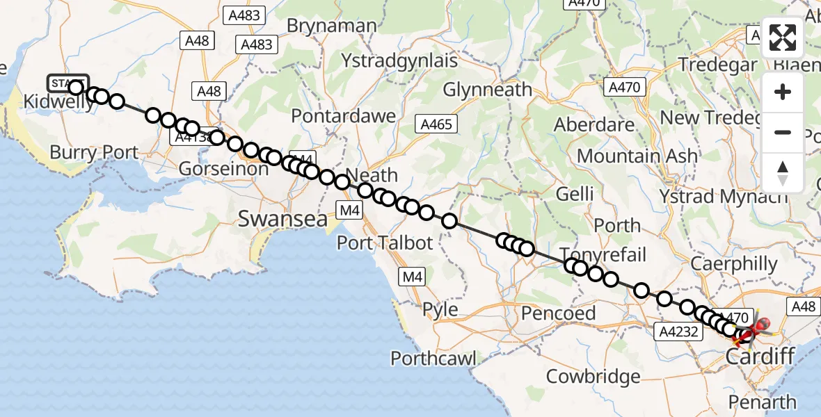 Flight route Air Ambulance Helicopter Kidwelly - Birchgrove, 23 June 2026, 12:50