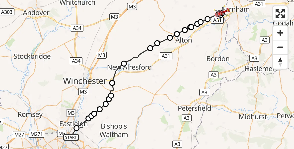 Flight route Air Ambulance Helicopter Southampton Airport - Farnham, 23 June 2026, 12:57