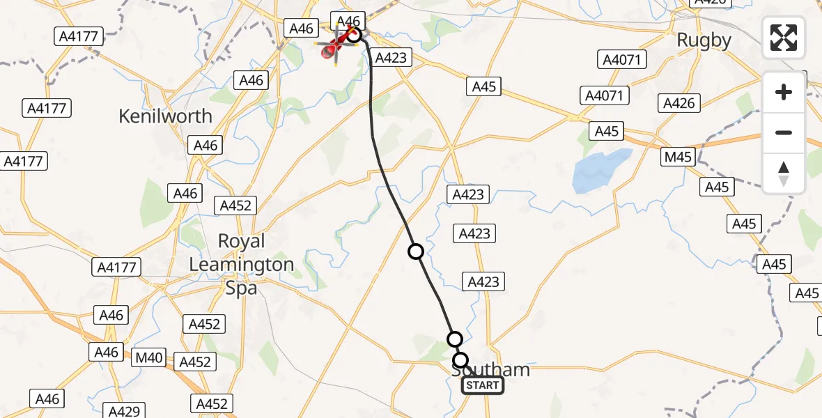 Flight route Air Ambulance Helicopter Southam CP - Coventry Airport, 23 June 2026, 13:00