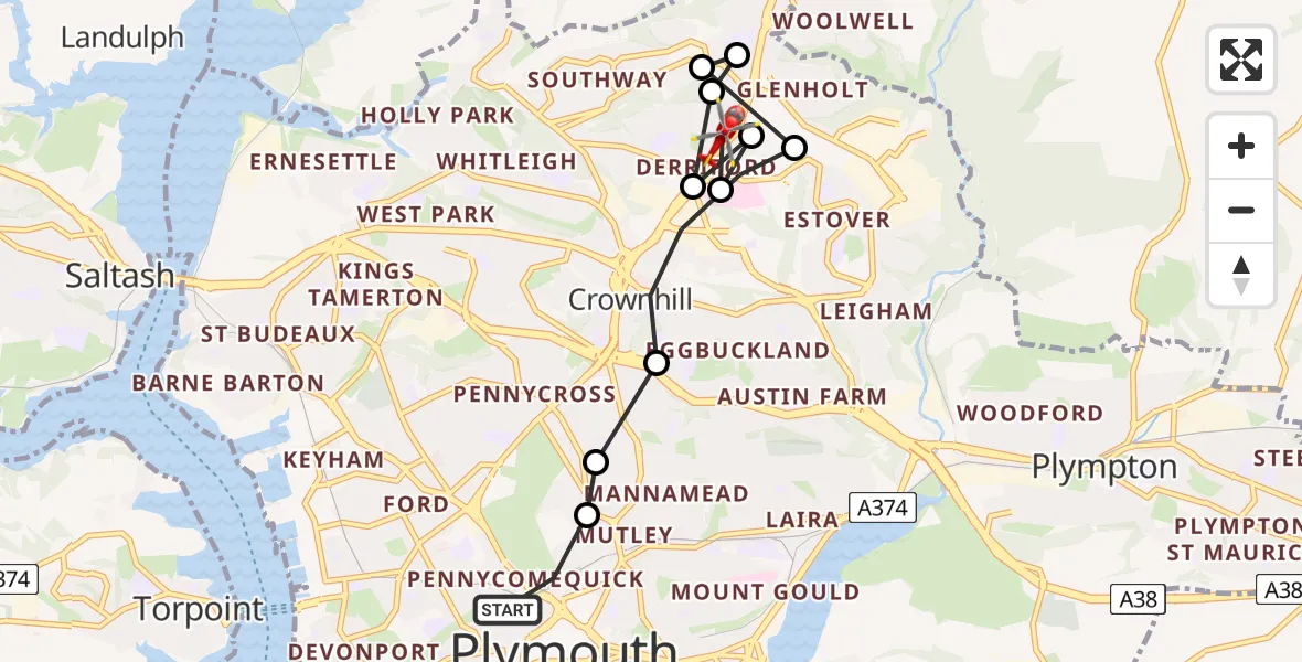 Flight route Air Ambulance Helicopter Pennycomequick - Derriford, 23 June 2026, 13:00