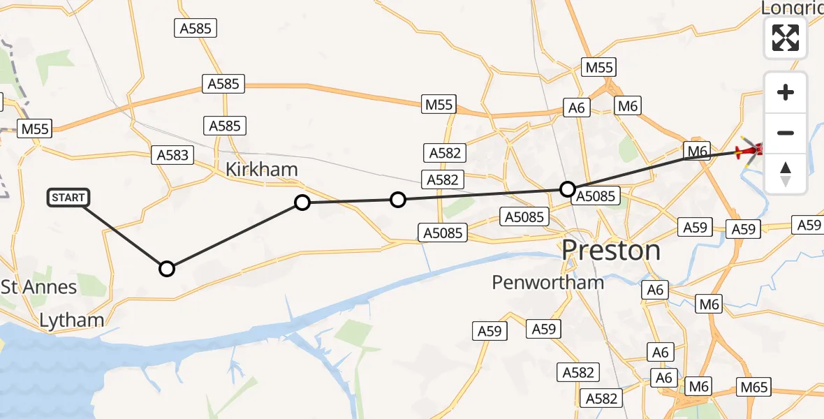 Flight route Air Ambulance Helicopter Wrea Green - Preston, 23 June 2026, 13:07