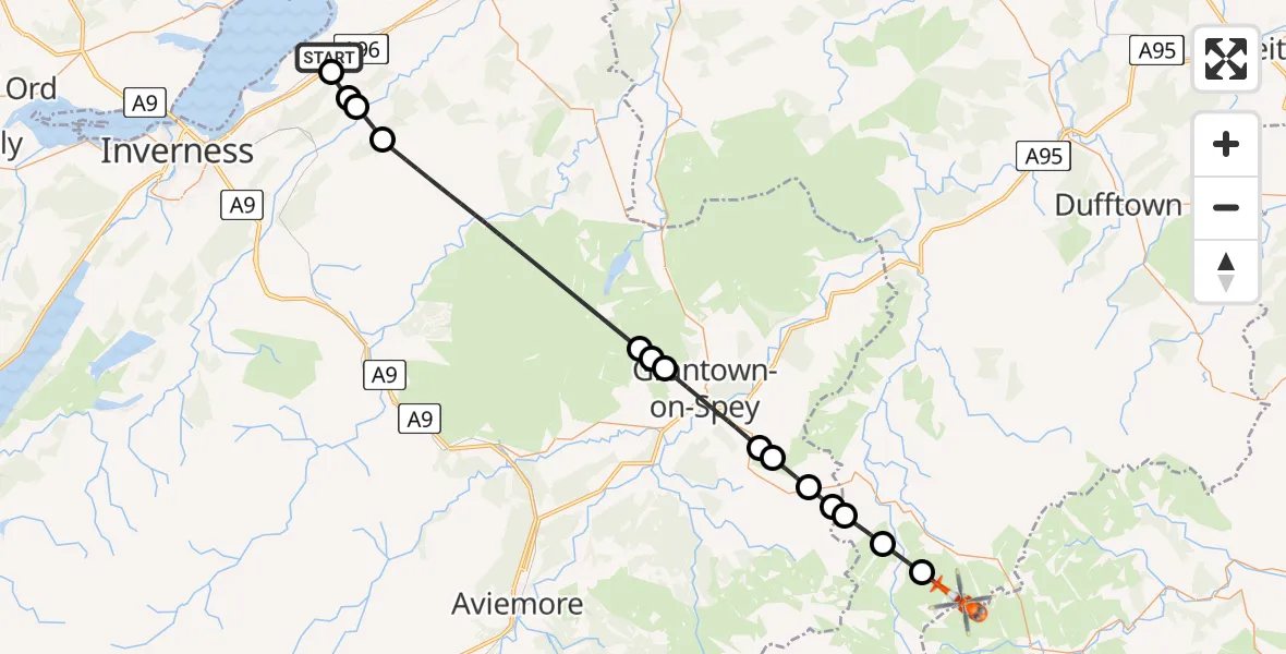 Flight route Coastguard Helicopter Inverness Airport - Moray, 23 June 2026, 13:10