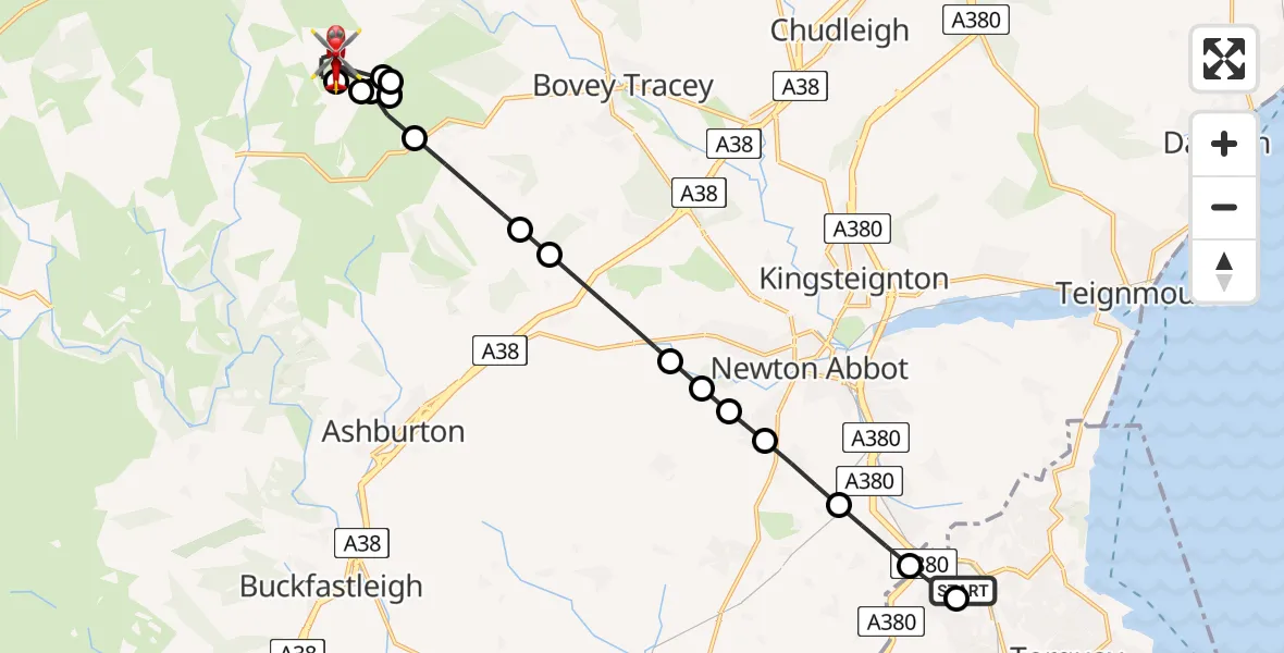 Flight route Air Ambulance Helicopter Torbay Hospital - Manaton, 23 June 2026, 13:20