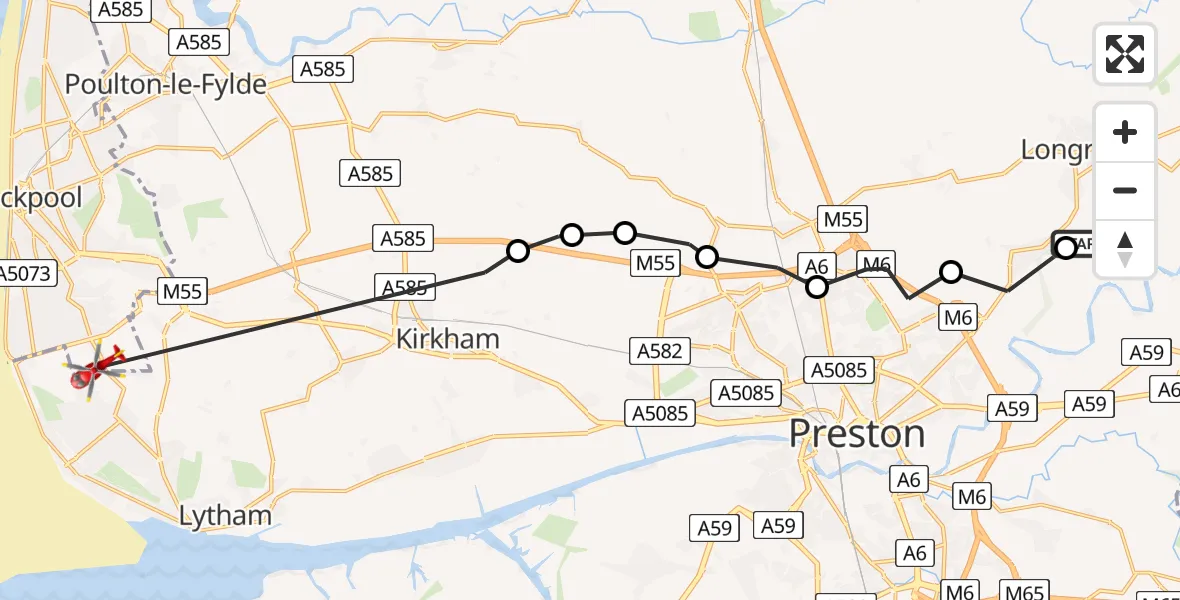 Flight route Air Ambulance Helicopter Longridge - Great Marton Moss, 23 June 2026, 13:23