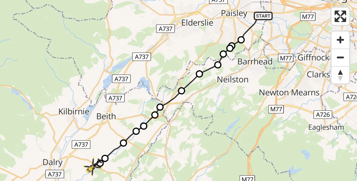 Flight route Police Helicopter Paisley - Auchenmade, 23 June 2026, 13:30