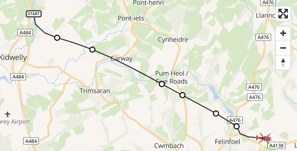 Flight route Air Ambulance Helicopter Kidwelly - Dafen, 23 June 2026, 13:38