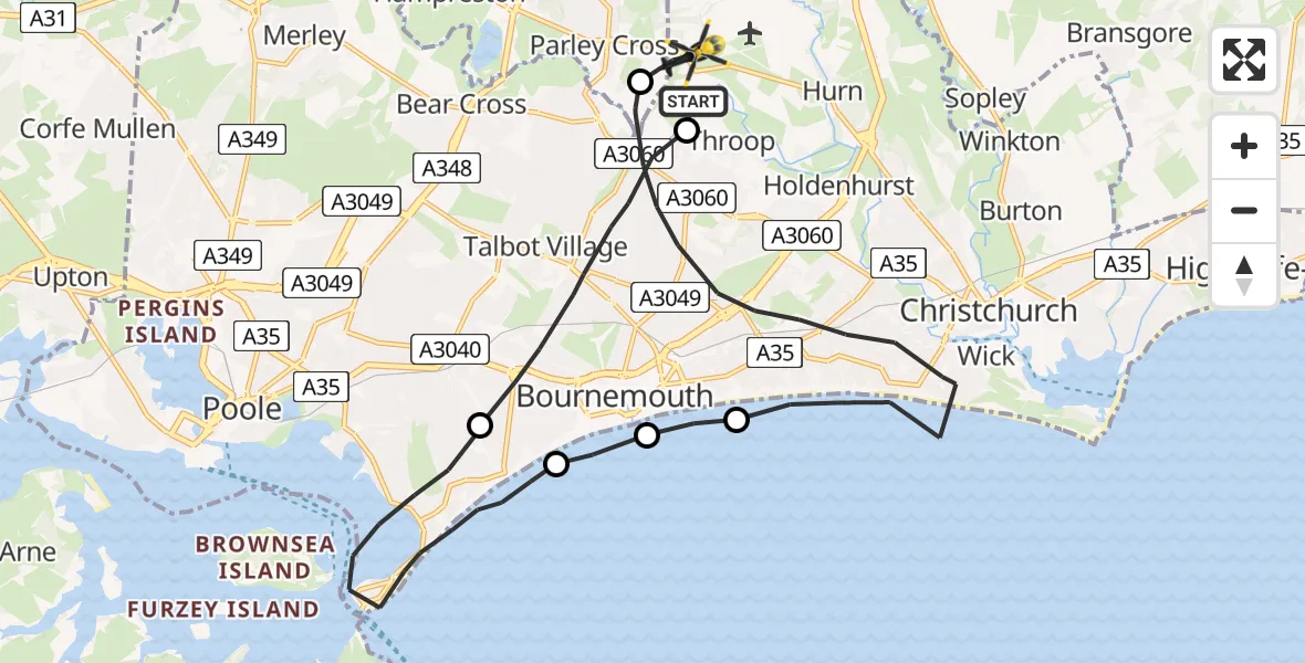 Flight route Police Helicopter Hurn - Bournemouth Airport, 23 June 2026, 13:39