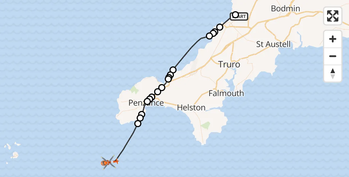 Flight route Coastguard Helicopter Cornwall Airport Newquay - English Channel, 23 June 2026, 13:42