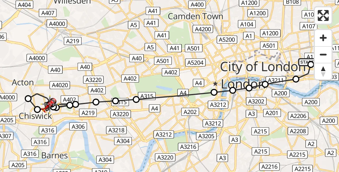 Flight route Air Ambulance Helicopter Royal London Hospital - Hounslow, 23 June 2026, 13:48