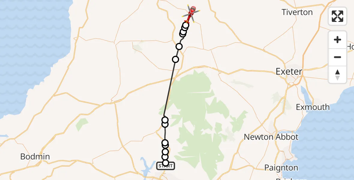 Flight route Air Ambulance Helicopter Roborough - Dolton, 23 June 2026, 14:00