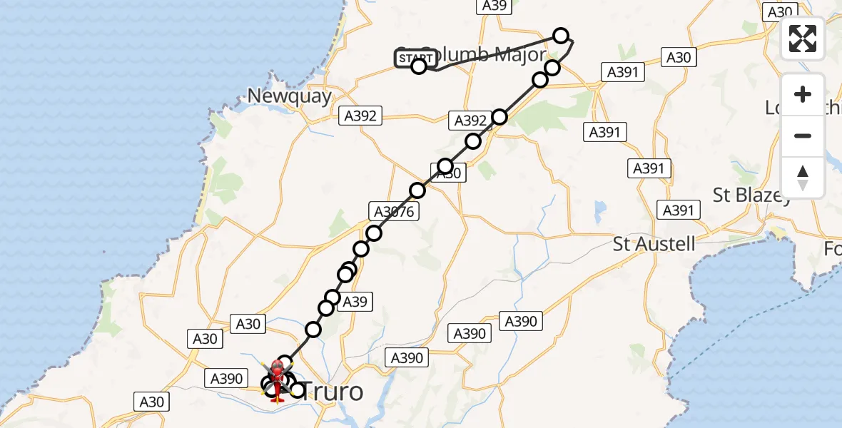 Flight route Air Ambulance Helicopter Cornwall Airport Newquay - Treliske Hospital, 23 June 2026, 14:01
