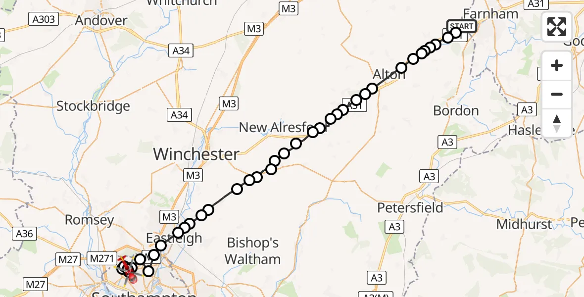 Flight route Air Ambulance Helicopter East Hampshire - University Hospital Southampton, 23 June 2026, 14:06