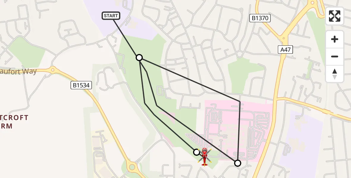 Flight route Air Ambulance Helicopter Great Yarmouth - James Paget Hospital, 23 June 2026, 14:10