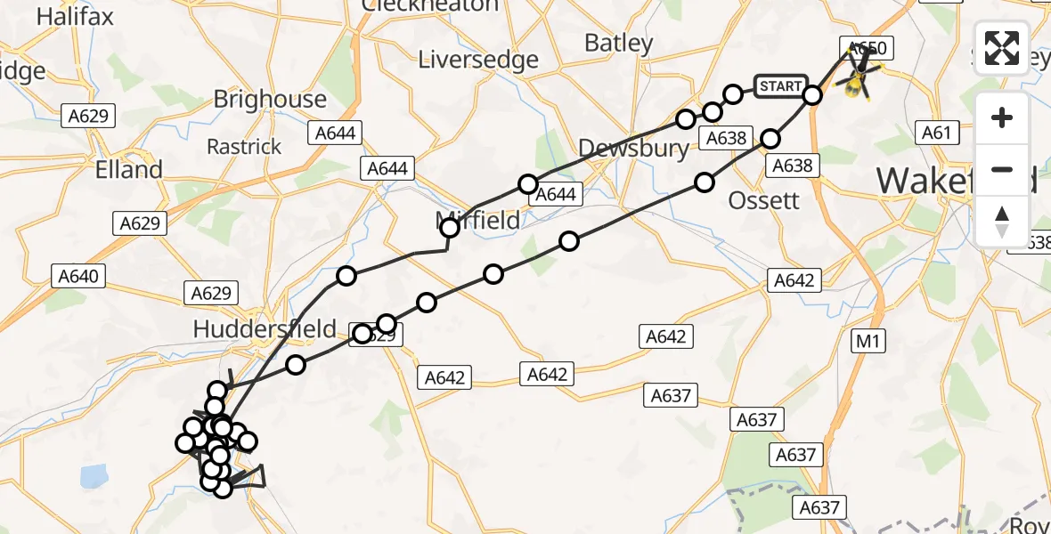 Flight route Police Helicopter Woodkirk - East Ardsley, 23 June 2026, 14:12