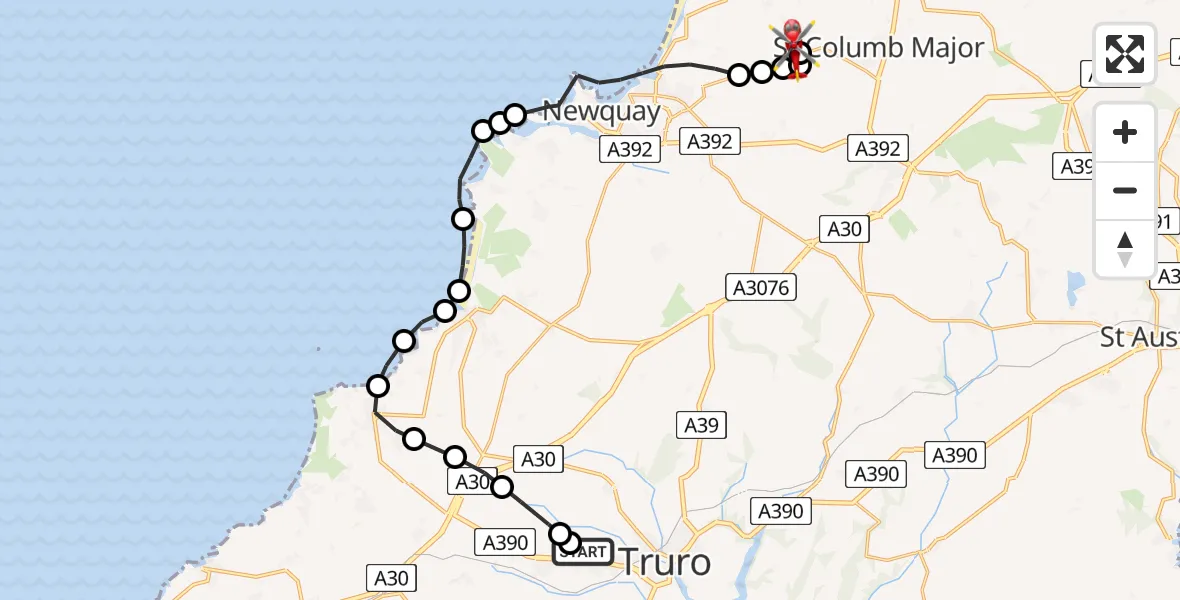 Flight route Air Ambulance Helicopter Treliske Hospital - Cornwall Airport Newquay, 23 June 2026, 14:25