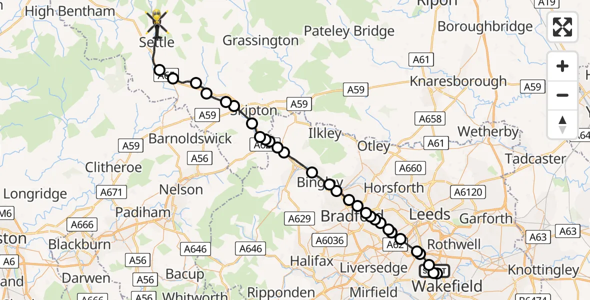 Flight route Police Helicopter Wrenthorpe - Stainforth, 23 June 2026, 14:28