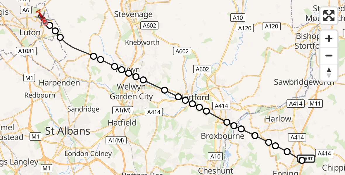 Flight route Air Ambulance Helicopter North Weald Airfield - Luton, 23 June 2026, 14:37